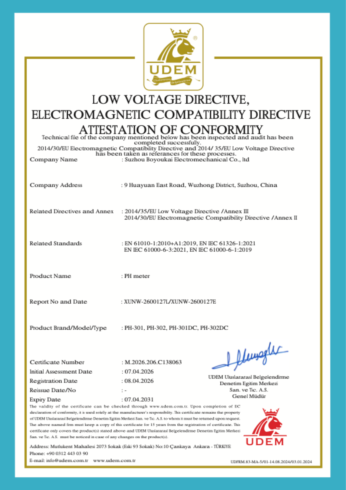 CE LVD and EMC conformity certificate for Tenber PH meter models