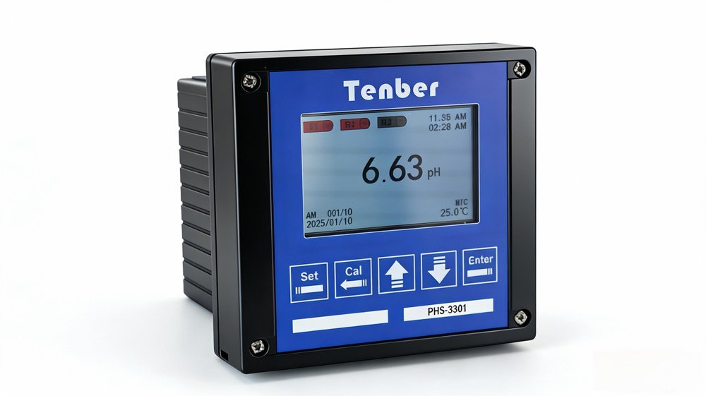 Tenber PHS-3301 industrial pH/ORP controller showing a process reading